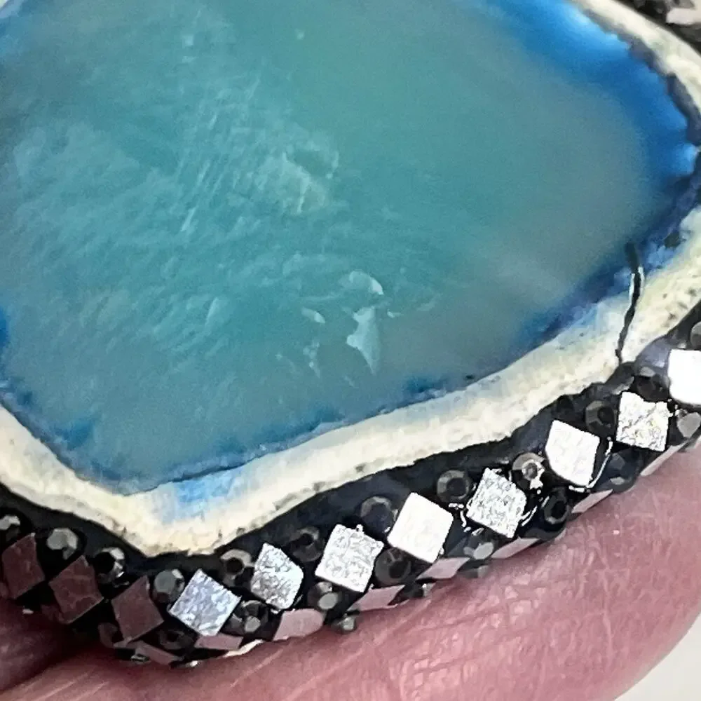 Vintage Sterling Silver 925 Blue Aqua Agate Slice Pendant Necklace 16" (#23) - Picture 10 of 16